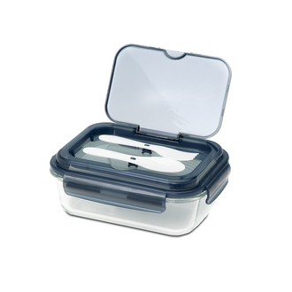 R08444 - Szklany lunch box ze sztućcami Lagos 1000 ml, czarny 